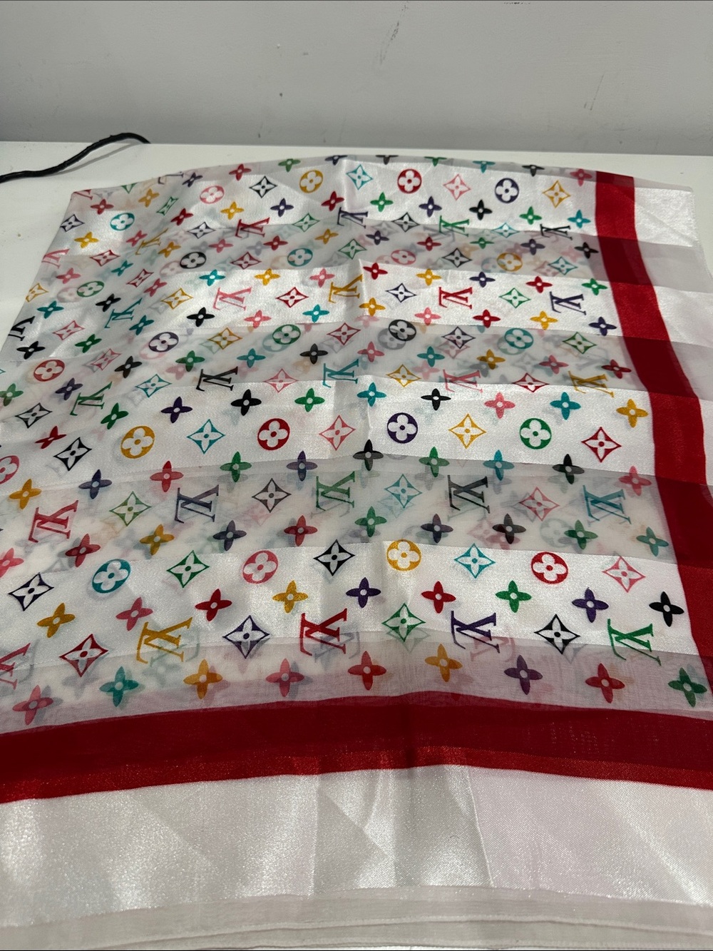 LV “style like” White Silk Scarf with Multicolor Monogram and Red Border